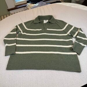 Aerie Striped Collared oversized Pullover Sweater Green White Women's Size M